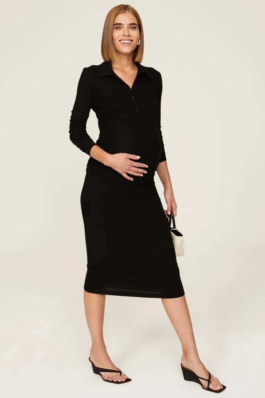Soon Maternity Size Small Black Long Sleeve Polo Collar Henley Knit Midi Dress